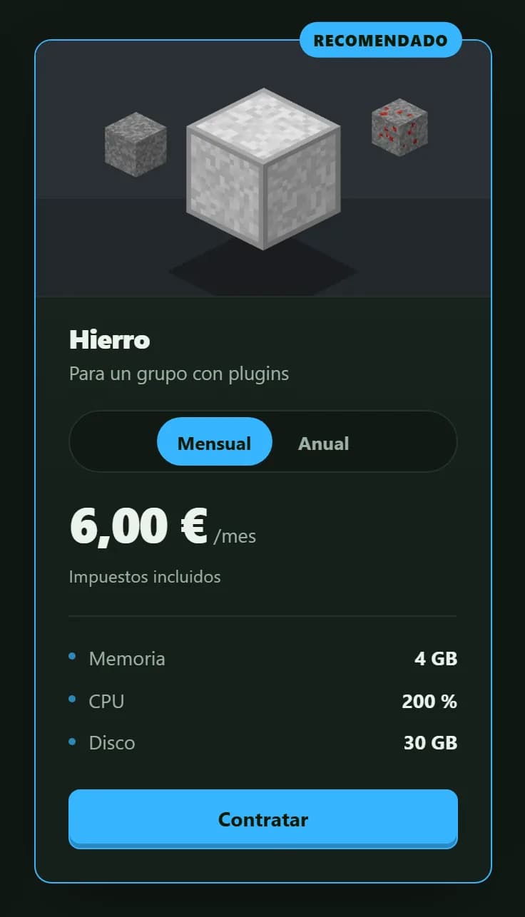 Plan Hierro en una tienda de Payezz: Recomendado, ciclo mensual o anual, 6,00 € al mes con impuestos incluidos, 4 GB de memoria, 200 % de CPU, 30 GB de disco y el botón Contratar.